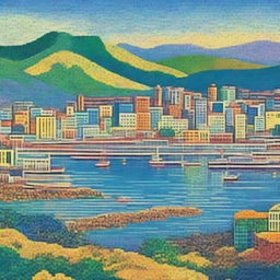 Artwork in the style of Paul Signac. Pointillist cityscape titled 'Ports of Wellington', depicting the vibrant and bustling port city of Wellington, New Zealand in bright, mosaic-like colors.