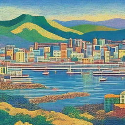 Artwork in the style of Paul Signac. Pointillist cityscape titled 'Ports of Wellington', depicting the vibrant and bustling port city of Wellington, New Zealand in bright, mosaic-like colors.