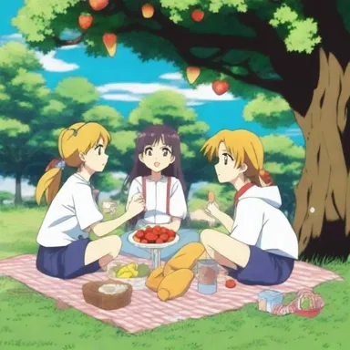 The anime series had a scene where the main characters enjoyed a picnic under a tree filled with aggregate fruits.