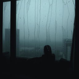 A melancholic scene depicting a misty glass window with rain trickling down, creating a blurred view of a gray cityscape outside