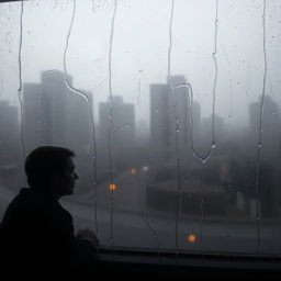 A melancholic scene depicting a misty glass window with rain trickling down, creating a blurred view of a gray cityscape outside
