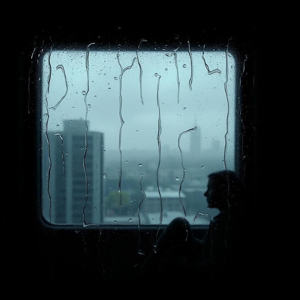 A melancholic scene depicting a misty glass window with rain trickling down, creating a blurred view of a gray cityscape outside