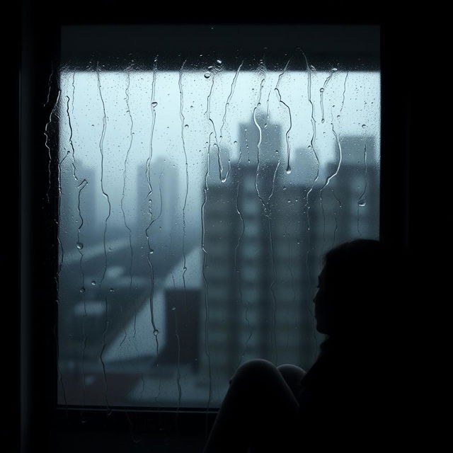 A melancholic scene depicting a misty glass window with rain trickling down, creating a blurred view of a gray cityscape outside