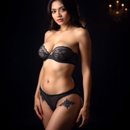 A beautiful 28-year-old Indonesian woman stands confidently, displaying her sturdy and sexy body with plump breasts and a bit of softness