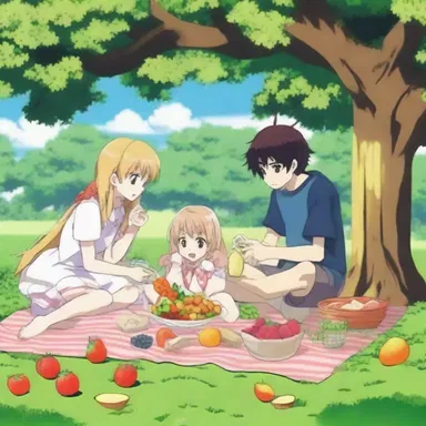 The anime series had a scene where the main characters enjoyed a picnic under a tree filled with aggregate fruits.