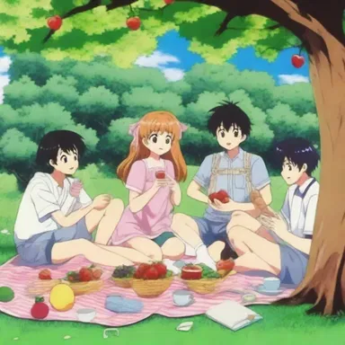The anime series had a scene where the main characters enjoyed a picnic under a tree filled with aggregate fruits.
