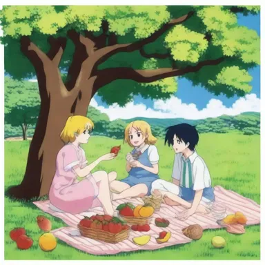 The anime series had a scene where the main characters enjoyed a picnic under a tree filled with aggregate fruits.