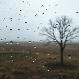 A close-up of a glass window, with droplets of rain clinging to its surface, creating a soft blur of the outside scenery