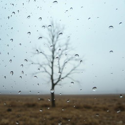 A close-up of a glass window, with droplets of rain clinging to its surface, creating a soft blur of the outside scenery