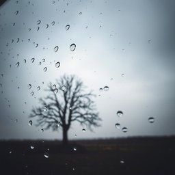 A close-up of a glass window, with droplets of rain clinging to its surface, creating a soft blur of the outside scenery