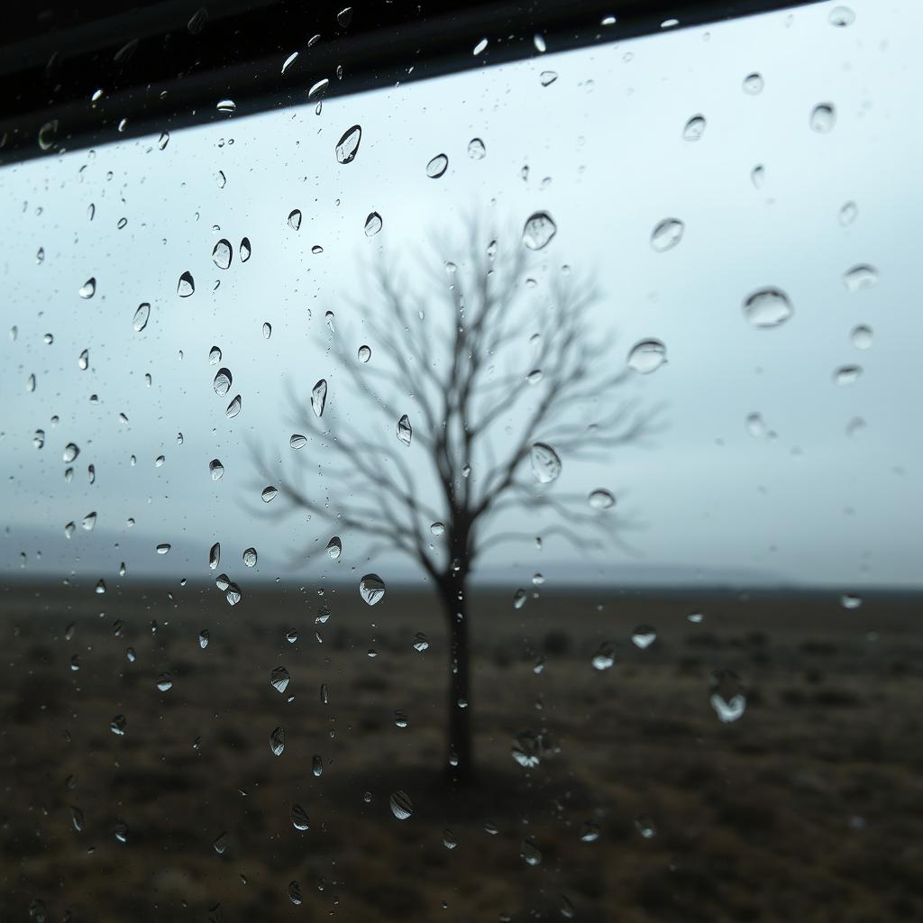 A close-up of a glass window, with droplets of rain clinging to its surface, creating a soft blur of the outside scenery