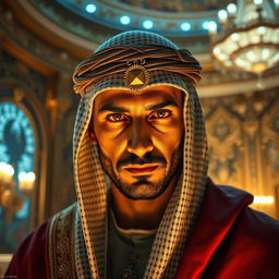 An Arabic king adorned in regal attire, wearing a traditional headscarf that complements his sophisticated outfit