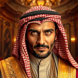 An Arabic king adorned in regal attire, wearing a traditional headscarf that complements his sophisticated outfit