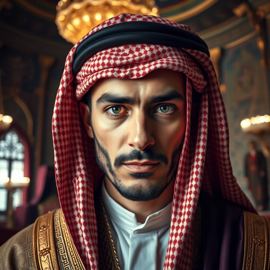 An Arabic king adorned in regal attire, wearing a traditional headscarf that complements his sophisticated outfit