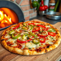 A delicious onion and capsicum pizza, topped with a generous amount of melted cheese, vibrant green and red bell peppers, and finely sliced onions