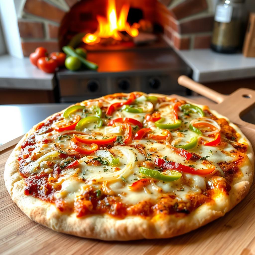 A delicious onion and capsicum pizza, topped with a generous amount of melted cheese, vibrant green and red bell peppers, and finely sliced onions