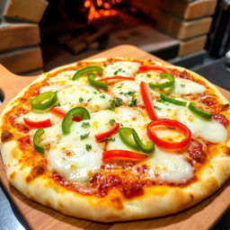 A delicious onion and capsicum pizza, topped with a generous amount of melted cheese, vibrant green and red bell peppers, and finely sliced onions