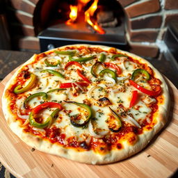 A delicious onion and capsicum pizza, topped with a generous amount of melted cheese, vibrant green and red bell peppers, and finely sliced onions