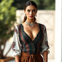A full-body portrait of a 25-year-old Italian fashion model with a thin, fit body and big perky breasts