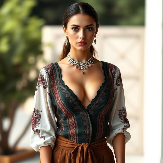 A full-body portrait of a 25-year-old Italian fashion model with a thin, fit body and big perky breasts