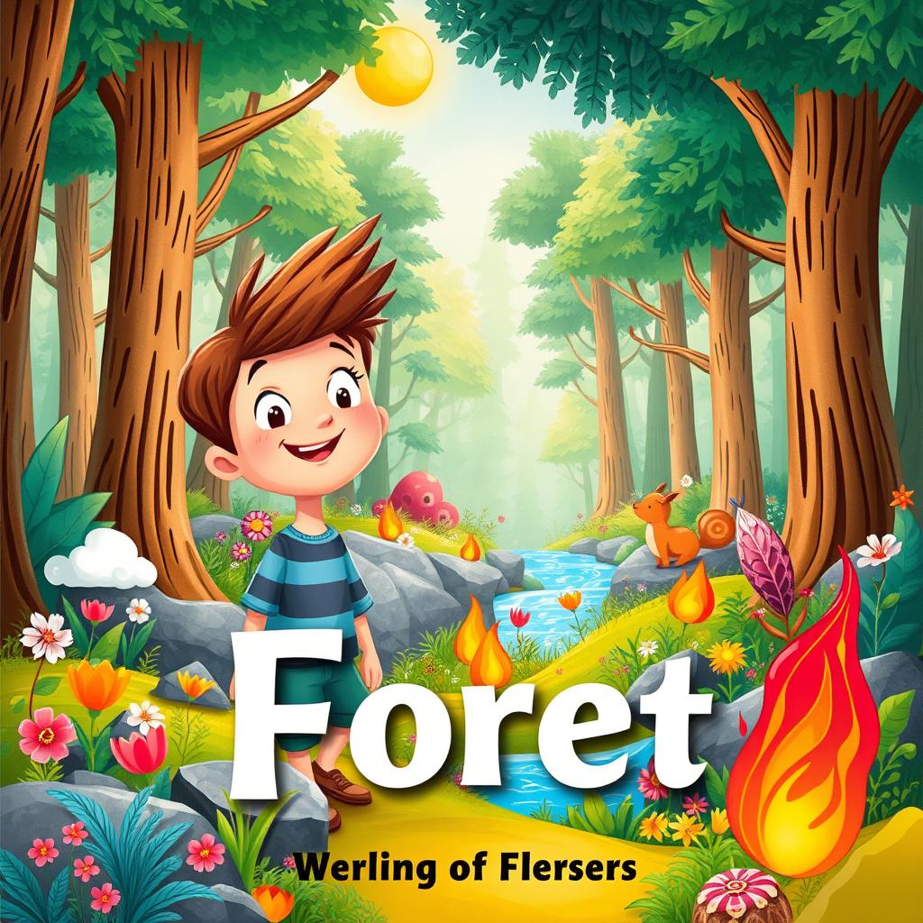 A whimsical children's book cover illustration depicting a young boy with a curious expression entering a vibrant, magical forest