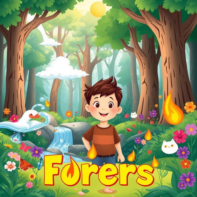 A whimsical children's book cover illustration depicting a young boy with a curious expression entering a vibrant, magical forest