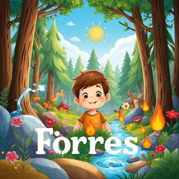 A whimsical children's book cover illustration depicting a young boy with a curious expression entering a vibrant, magical forest