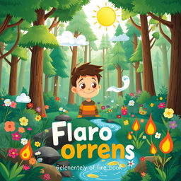 A whimsical children's book cover illustration depicting a young boy with a curious expression entering a vibrant, magical forest