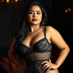 A beautiful 28-year-old Indonesian woman stands elegantly, showcasing her sturdy and curvy body with plump breasts and a bit of softness