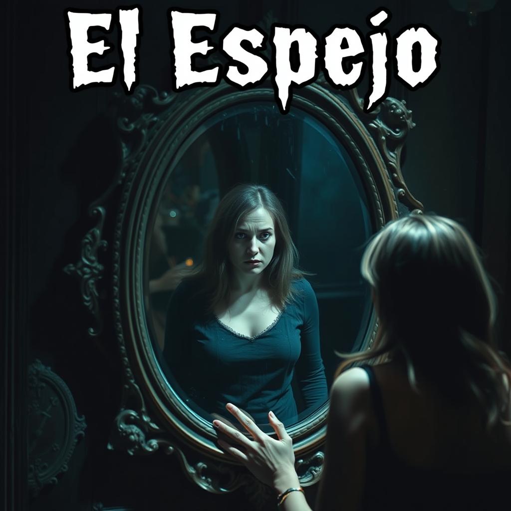 A chilling and captivating scene of a woman who has just purchased an ancient mirror, which reveals a reflection with its own life