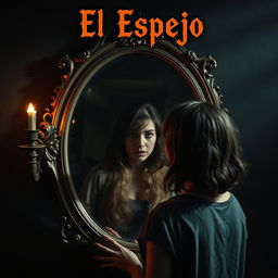 A chilling and captivating scene of a woman who has just purchased an ancient mirror, which reveals a reflection with its own life
