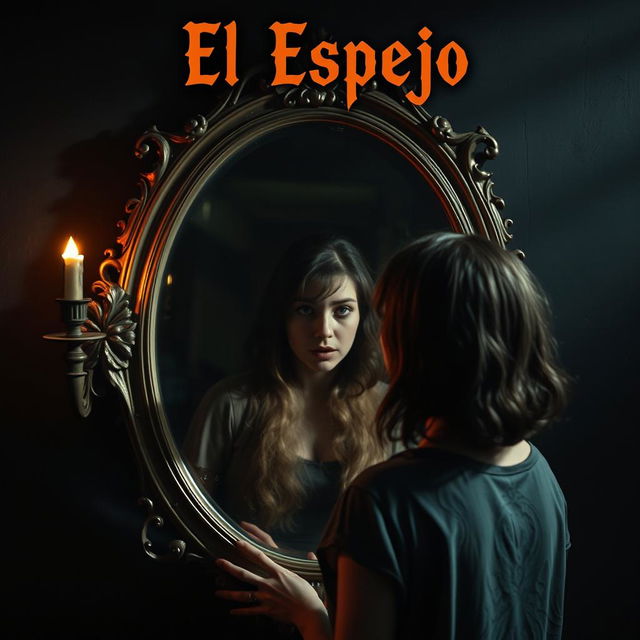 A chilling and captivating scene of a woman who has just purchased an ancient mirror, which reveals a reflection with its own life