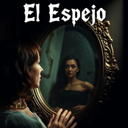 A chilling and captivating scene of a woman who has just purchased an ancient mirror, which reveals a reflection with its own life