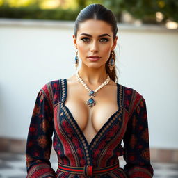 A full-body portrait of a 25-year-old Italian fashion model featuring a thin, fit body with big perky breasts