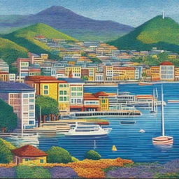 Artwork in the style of Paul Signac. Pointillist cityscape titled 'Ports of Wellington', depicting the vibrant and bustling port city of Wellington, New Zealand in bright, mosaic-like colors.