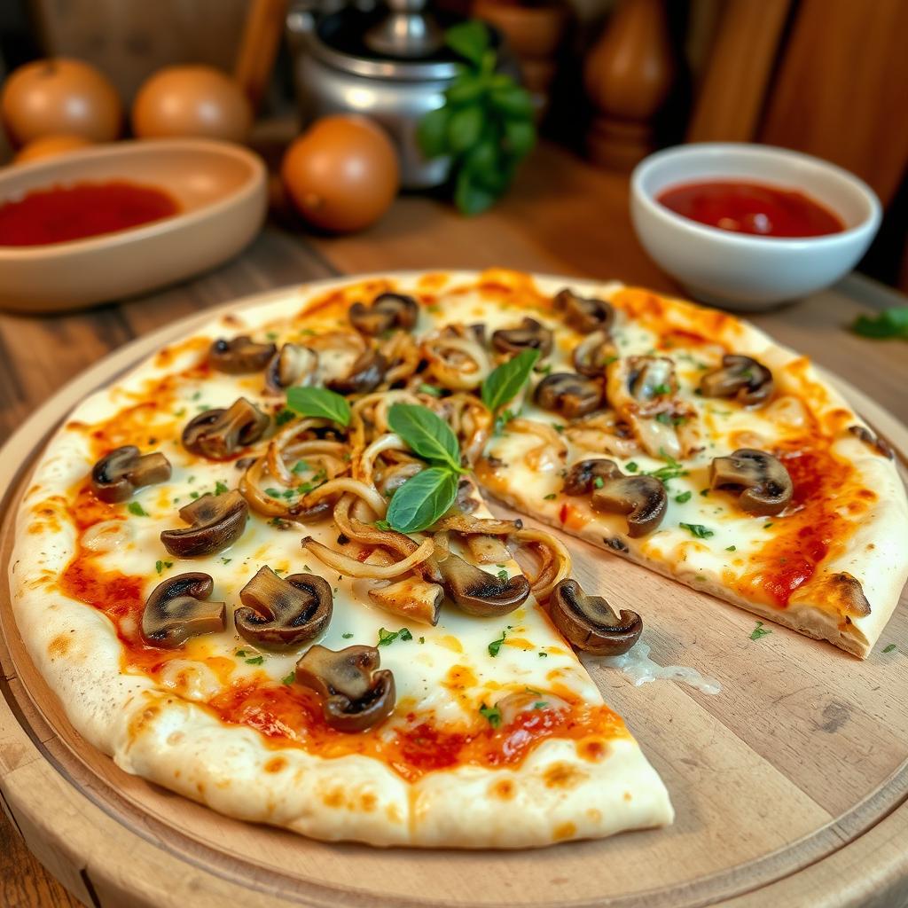 A mouth-watering onion and mushroom pizza, featuring a thin, crispy crust covered with golden melted cheese
