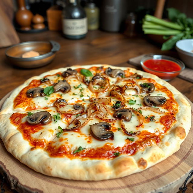 A mouth-watering onion and mushroom pizza, featuring a thin, crispy crust covered with golden melted cheese