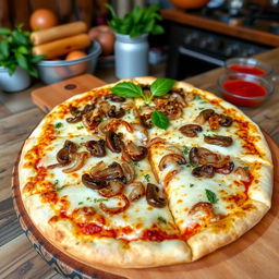 A mouth-watering onion and mushroom pizza, featuring a thin, crispy crust covered with golden melted cheese