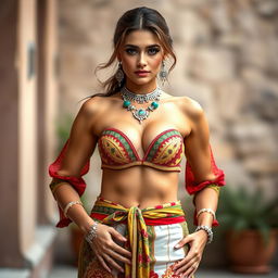 A full-body portrait of a 25-year-old Italian fashion model showcasing a thin, fit body and big perky breasts