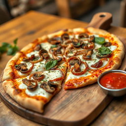 A delectable onion and mushroom pizza, showcasing a thin, crispy crust that is perfectly baked to a golden hue