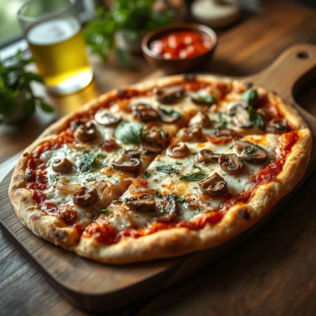 A delectable onion and mushroom pizza, showcasing a thin, crispy crust that is perfectly baked to a golden hue