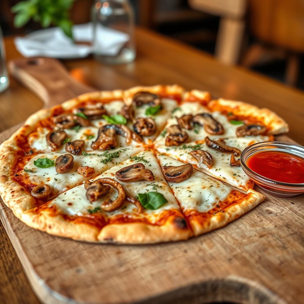 A delectable onion and mushroom pizza, showcasing a thin, crispy crust that is perfectly baked to a golden hue