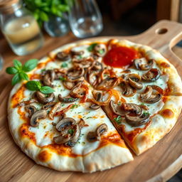 A delectable onion and mushroom pizza, showcasing a thin, crispy crust that is perfectly baked to a golden hue