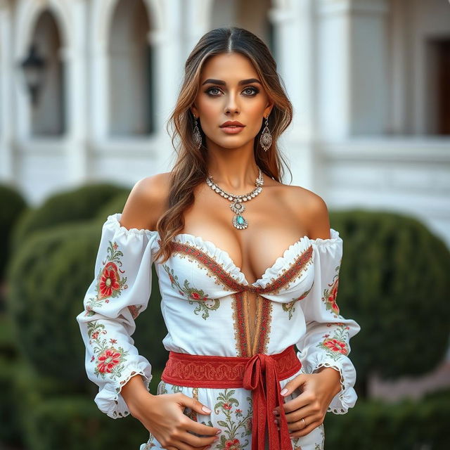 A full-body portrait of a 25-year-old Italian fashion model showcasing a thin, fit body and big perky breasts