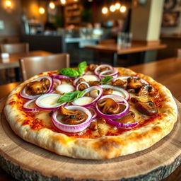 A delicious, freshly baked pizza topped with thinly sliced onions and a generous amount of sautéed mushrooms