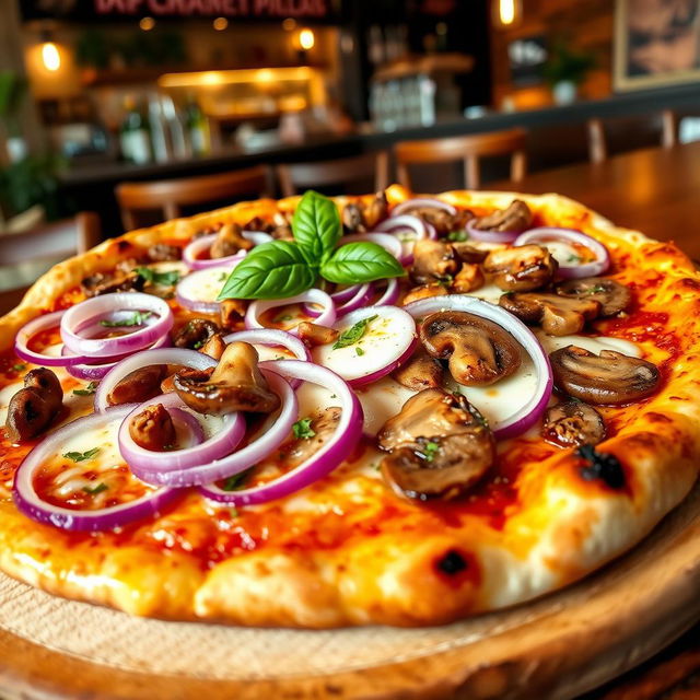 A delicious, freshly baked pizza topped with thinly sliced onions and a generous amount of sautéed mushrooms