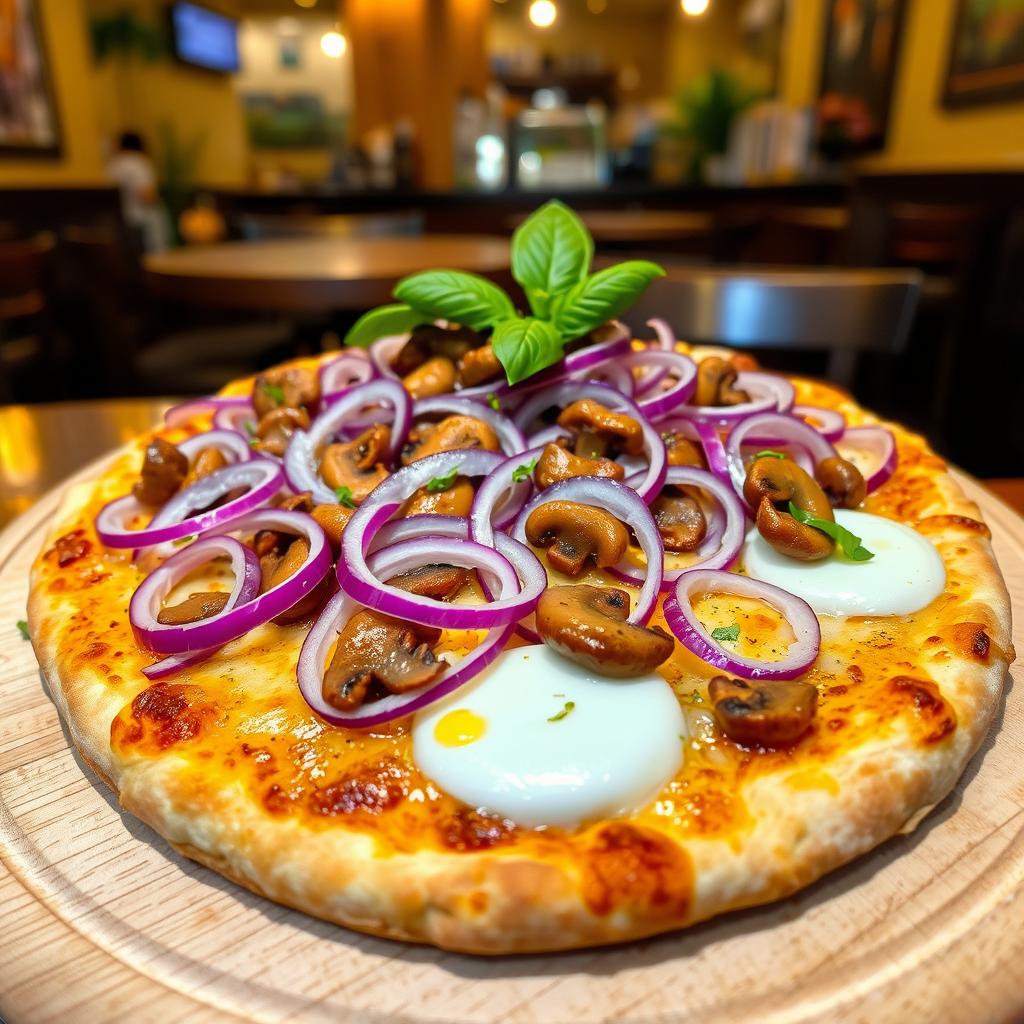 A delicious, freshly baked pizza topped with thinly sliced onions and a generous amount of sautéed mushrooms