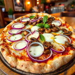 A delicious, freshly baked pizza topped with thinly sliced onions and a generous amount of sautéed mushrooms