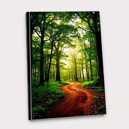 A stunning book cover featuring a realistic photograph of a majestic forest in the background, showcasing towering trees with rich green foliage and soft sunlight filtering through the leaves