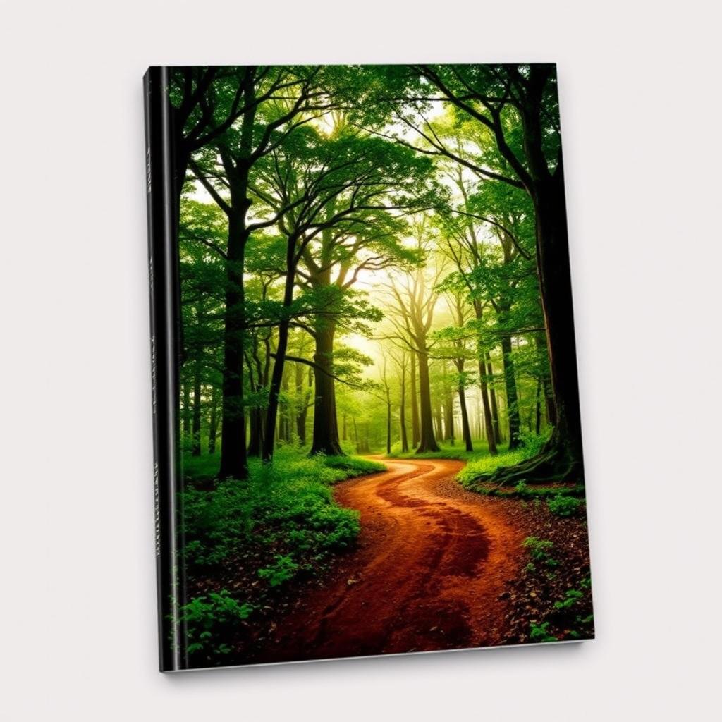 A stunning book cover featuring a realistic photograph of a majestic forest in the background, showcasing towering trees with rich green foliage and soft sunlight filtering through the leaves